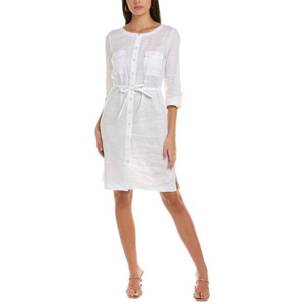 NEW Go Silk White 100% Linen Shirt Dress with Waist Tie Size Small